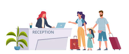 Family at hotel reception. Check into hostel tourists, guests with suitcases, registration service. Woman man and child with luggage booking room. Travelers in lobby flat cartoon conceptのイラスト素材