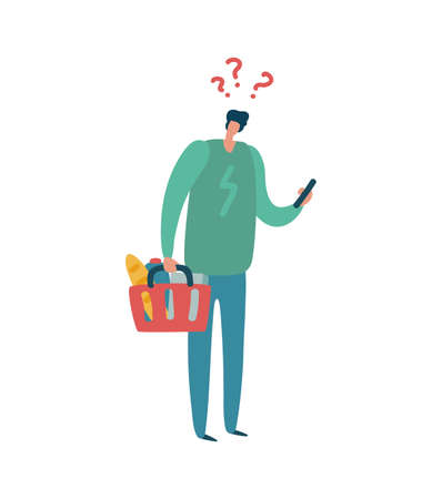 Man shopping. Modern male character with question mark above head hold colorful basket, buyer with list buys products in supermarket, flat vector isolated cartoon illustrationのイラスト素材