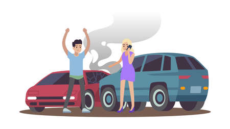 Car accident. Man and woman after cars collision on road, male character angry female calling on phone, drivers standing near automobiles flat cartoon isolated illustrationのイラスト素材