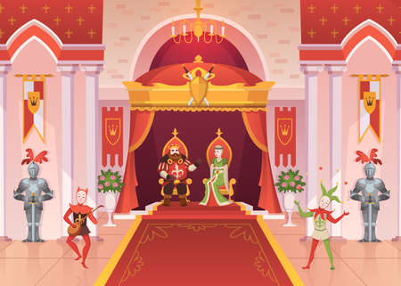 King and queen. Luxury interior medieval royal palace throne monarchy ceremony room with pillars and carpets, fantasy jesters and knights, fairy tale cartoon vector charactersのイラスト素材