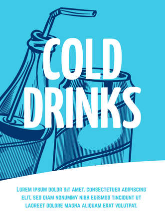 Cold drink flyer. Jar and bottle with straw restaurant or cafe poster, hand drawn vector illustration sketch style in blue colors for menu with text and copy spaceのイラスト素材