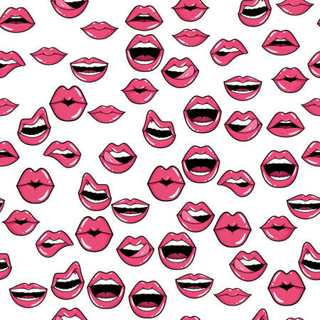 Lip seamless pattern. Female mouth with kiss smile, tongue and teeth, different shapes of woman sexy glamour lips. Romantic print for beauty and cosmetics vector background on whiteのイラスト素材