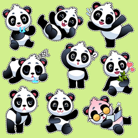 Set of stickers with cute pandas. Cute asian adorable bears in different poses and emotions, eating bamboo stem and laughing, playing and sleeping, flat cartoon vector character kids collectionのイラスト素材