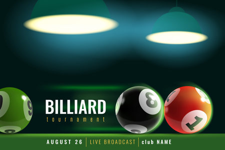 Billiards poster. Snooker tournament with 3d billiard balls and green table and lamp light....