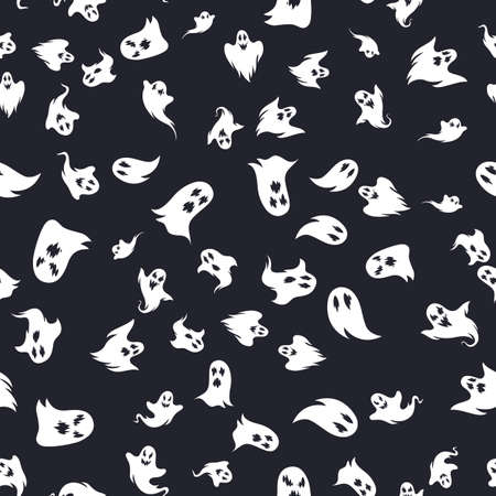 Ghosts seamless pattern. Halloween abstract spooky white spirits with terrible faces on dark background, creative design textile, wrapping, wallpaper vector texture for holidaysのイラスト素材