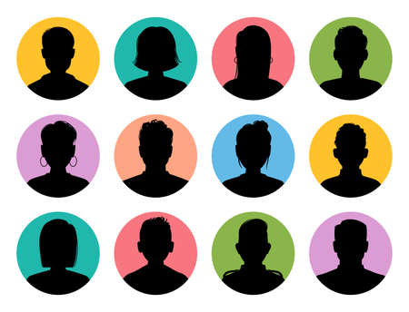 Silhouette heads. Male and female head silhouettes internet avatar, profile circle icons, woman and man social media anonymous portrait, flat vector isolated collectionのイラスト素材