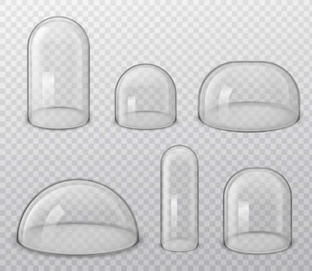 Glass domes. Realistic spherical and hemisphere glossy shape various size, laboratory and exhibition cases, dust cover vector isolated set on transparent backgroundのイラスト素材