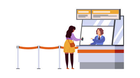 Woman travel registration airport terminal. Air flight check ticket and documents, passenger registers, waiting plane departure traveller with luggage modern flat cartoon vector conceptのイラスト素材