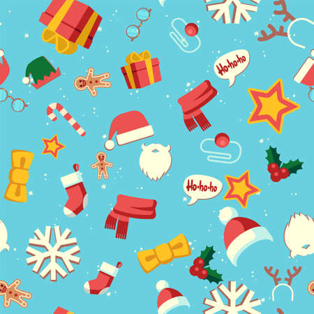 New year symbols. Christmas holiday seamless pattern, Santa Claus hat and beard, reindeer horn, socks and gifts winter xmas holidays design for wallpaper, textile and wrapping paper, vector textureのイラスト素材