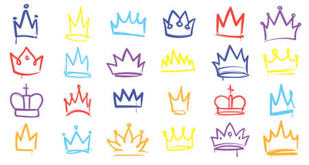 King sketch crown. Color simple elegant queen, princess and prince crowns. Monarch majestic jewel tiara, beautiful diadem, royal imperial coronation symbols. Vector line isolated multicolored iconsのイラスト素材