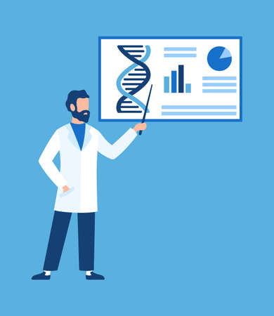 Doctor with a pointer. Scientists chemist character stands in white medical uniform with banner, intelligent professor giving medical lecture concept cartoon flat vector isolated illustrationのイラスト素材
