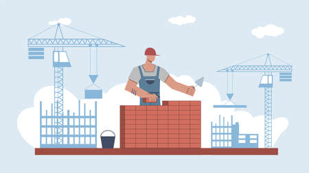 Builder builds brick wall. Professional worker or masonry in uniform and helmet work with trowel, male character on crane builds skyscraper background home renovation flat vector cartoon conceptのイラスト素材