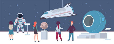 Space exhibition in museum or art gallery. Visitors men and women looking artworks spacecraft and rocket sculpture, excursion about galaxy and solar system, flat cartoon vector horizontal illustrationのイラスト素材