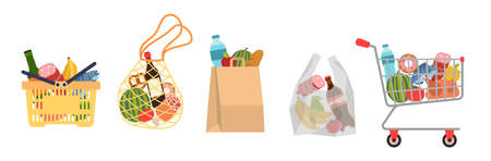 Shopping bags with foods. Grocery purchases, paper packages, plastic or eco bag, full trolley and basket with products. Buying organic food modern flat vector cartoon setのイラスト素材