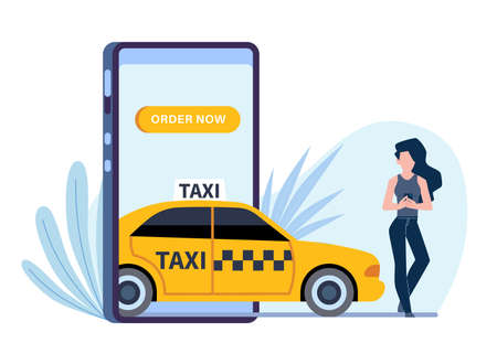 Online taxi. Woman calls automobile through application in smartphone, phone screen and girl ordering yellow car, flat vector cartoon isolated on white conceptのイラスト素材
