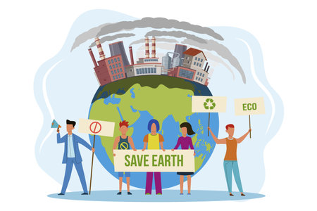 Save the planet. People with placard on protest against environmental pollution global warming and...