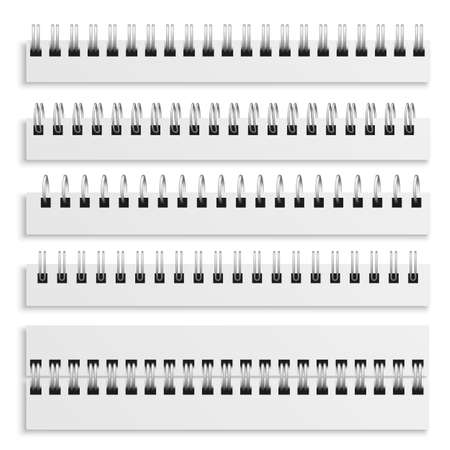 Notebook spiral binding sheets. Realistic iron wired spirals set, diary calendar or textbook metal ring wire mockup template, 3d vector isolated illustration collectionのイラスト素材