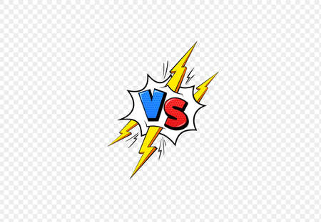 Vs comic book frame. Versus blue and red emblem and yellow lightning letters for battle game duel or fight competition cartoon style, flat vector illustration isolated on transparent backgroundのイラスト素材