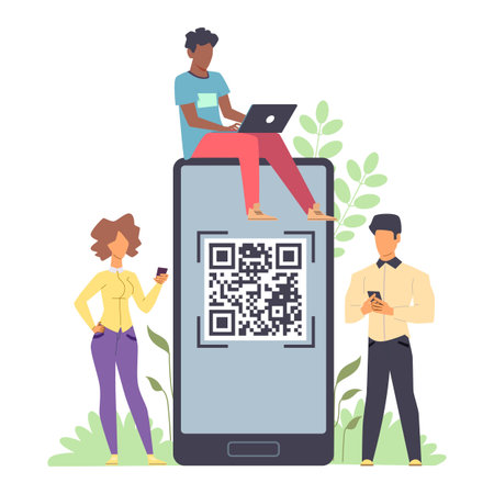Online payment. Tiny men and woman standing with phones and laptop in hands and huge smartphone with...