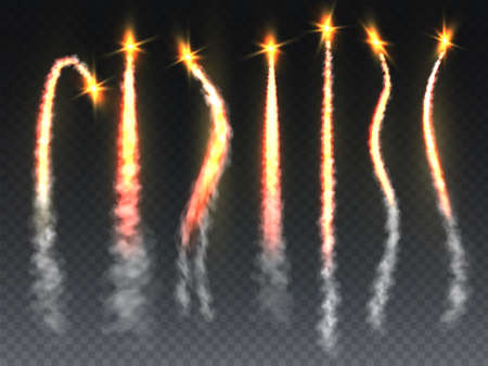 Rocket fire set. Missile, shuttle or spaceship launch trail with flame and smoke. Falling comet or meteor smokey tails texture with burst isolated on transparent background vector realistic collectionのイラスト素材