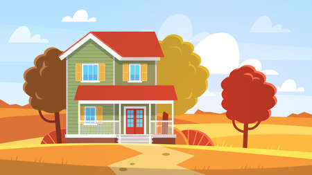 House in autumn. Home in fall landscape, yellow orange and red foliage trees and hills, front view building with terrace, cottage in countrysideのイラスト素材