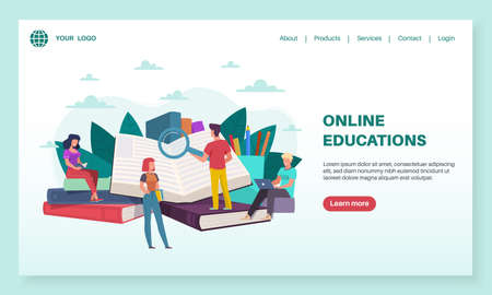 Online education landing page. Tiny people read huge books. Training courses, internet teaching, e-learning and library, tutorials webinar for students, mobile app or web banner flat templateのイラスト素材