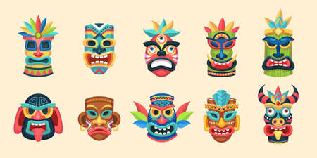 Tribal mask. Ethnic african, aztec and hawaiian ritual aboriginal face masks, traditional exotic indian wooden symbols, ancient tropical ritual totem religion idol colorful isolated setのイラスト素材