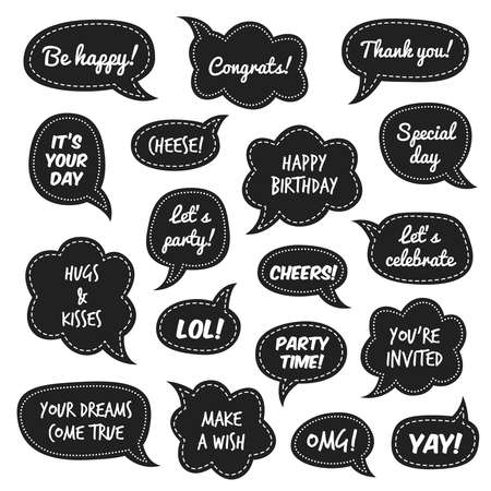 Party props. Photo booth comic speech bubbles with funny phrases for masquerade event, white congratulate text on black background christmas and new year party, birthday isolated setのイラスト素材