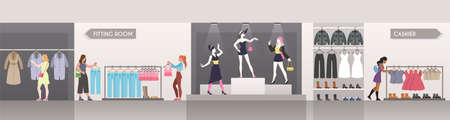 Women in boutique. Female customers choosing fashion clothes in shop. Girls watching dresses and shoes on hangers and mannequins. Retail mass market shopping in apparel store cartoon  conceptのイラスト素材