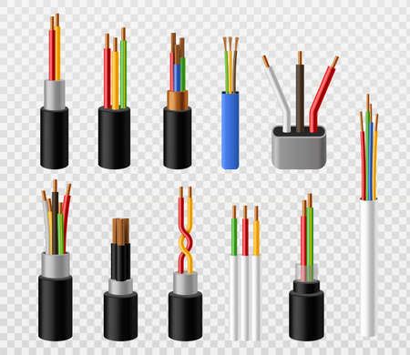 Electric cables. Industrial copper power industrial wire, colorful 3d telephone internet conductors. Voltage electrical connections, electricity  realistic set isolated on transparent backgroundのイラスト素材