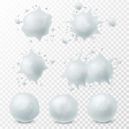 Snowball splatter. Snow splashes and round shape white snowballs winter kids fight game frozen elements decoration set for christmas holidays realistic 3d  set isolated on transparent backgroundのイラスト素材