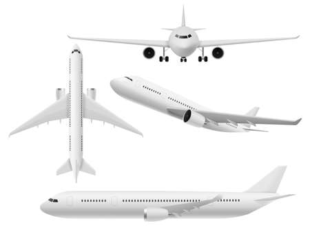 Airplane 3d. Airliner top, side and front view. Flying aircraft in various angle, white air transport, commercial journey trip and travel aviation passenger plane realistic  isolated setのイラスト素材