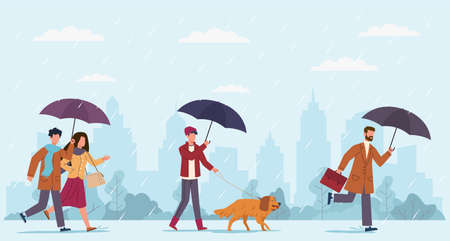 People autumn rain. Women and men with umbrella walking at rainy windy day on street, boy walking with dog and businessman run on puddles on fall cityscape seasonal weather  flat cartoon conceptのイラスト素材