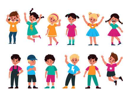 Emotional kids. Cute boys and girls afraid and happy, cry and sad, surprised and resentful, jump and angry, greet and smiley, faces with expressions  flat cartoon children characters collectionのイラスト素材