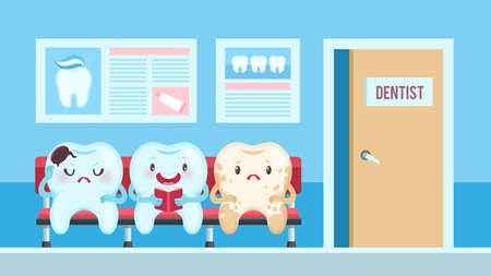 Cute teeth in dental clinic. Dentist waiting room with upset and smiling patients, healthy and aching tooth with different emotions. Medical children dentistry office for poster cartoon vector conceptのイラスト素材