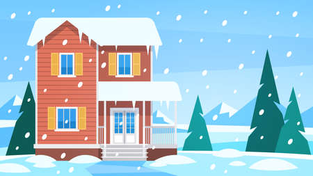 House in winter. Cottage in snowy landscape in countryside, snow forest with trees and hills, front view building with terrace christmas vacation seasonal vector backgroundのイラスト素材