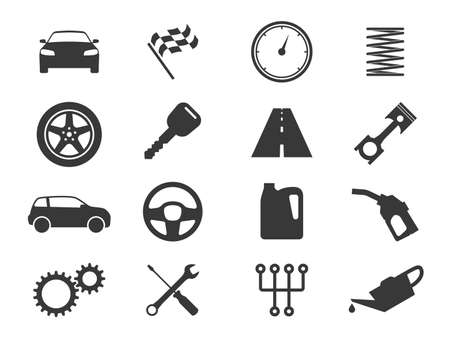 Auto icons. Black vehicle silhouettes, auto diagnostic service and garage, gas station and transmission, car race flag, road and gears, speedometer vector signs isolated on white backgroundのイラスト素材