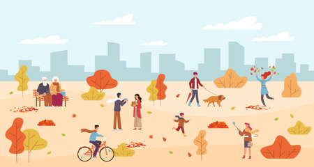 People in autumn park. Men and women walk in public park, rest on bench, child runs, characters with umbrella among yellow orange leaves, riding bicycle, walking with dog fall season vector backgroundのイラスト素材