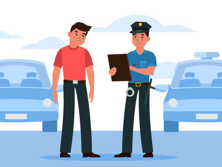 Policeman write fine. Police officer in uniform writing penalty to automobile driver intruder, violation on city road or parking, car inspector control safety traffic vector flat cartoon conceptのイラスト素材