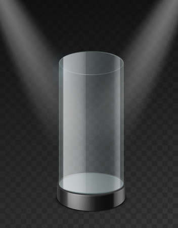 Glass cylinder showcase. Clear plastic empty case with tray under spotlights realistic mockup. Museum expo stand for presentation product and exhibition 3d vector template on transparent backgroundのイラスト素材