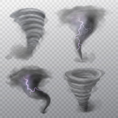 Tornado. Hurricane vortex with lightning, twister storm and thunderbolt. Whirlwind air funnel, strong wind swirl weather cyclone phenomenon 3d realistic vector set isolated on transparent backgroundのイラスト素材