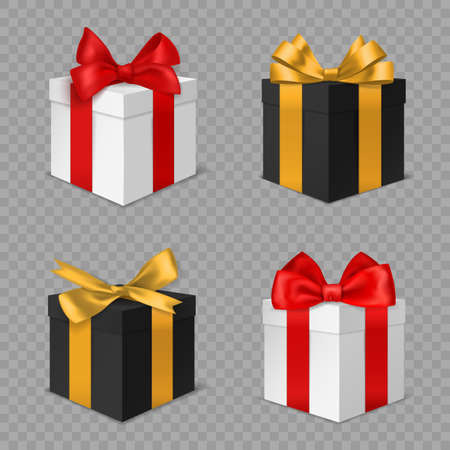 Gift box with bow. Black and white square closed christmas presents with red and gold bows side view. Holiday xmas and birthday surprises 3d realistic vector isolated on transparent background setのイラスト素材