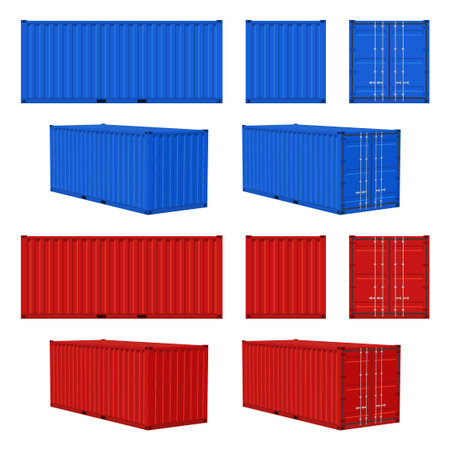 Cargo container. Blue, red closed cargo containers front, side and perspective view, transportation...