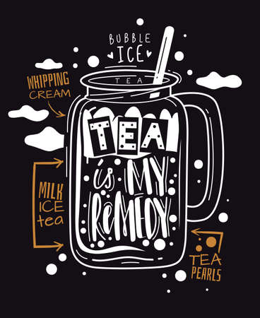 Bubble tea. Boba summer sweet drink with delicious flavor. Milk iced dessert with tapioca balls, whipping cream and coffee, printing graphic poster cartoon white glass on black promo vector flyerのイラスト素材