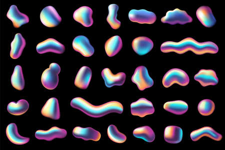 Gradient iridescent shapes. Abstract bright fluid rainbow metallic coloring elements, organic holographic bubbles. Neon futuristic 3d realistic dynamic forms texture modern futuristic 80s vector setのイラスト素材