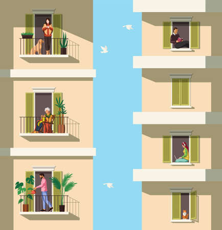 Neighbors on balconies. People rest with pets, reading, watering plant on balcony apartment building characters in flats quarantine period covid-19 pandemic, stay home concept flat vector illustrationのイラスト素材