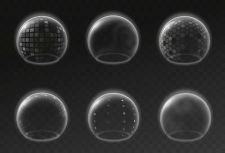 Bubble shields. Futuristic transparent empty glowing sphere template, safety energy barrier force field mockup, realistic antiviral defense collection, protection environment 3d vector isolated setのイラスト素材
