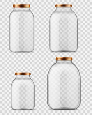 Glass jars. Empty transparent containers with reflection shadow for homemade jam and canning food. Glassware different sizes with metal and plastic screw caps for storage realistic vector mockupsのイラスト素材