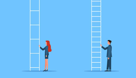 Gender equality. Genders gap, man and woman stand at career ladder, different opportunities in company. Female discrimination, injustice and sexism symbol feminism and women rights vector flat conceptのイラスト素材