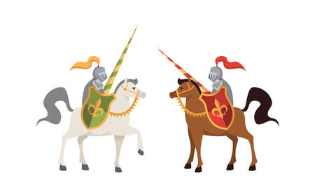 Two medieval knights. Brutal warriors on horse in steel shiny armor with shields battle, honor concept, illustration for child book fantasy character in traditional military costume flat vector peopleのイラスト素材
